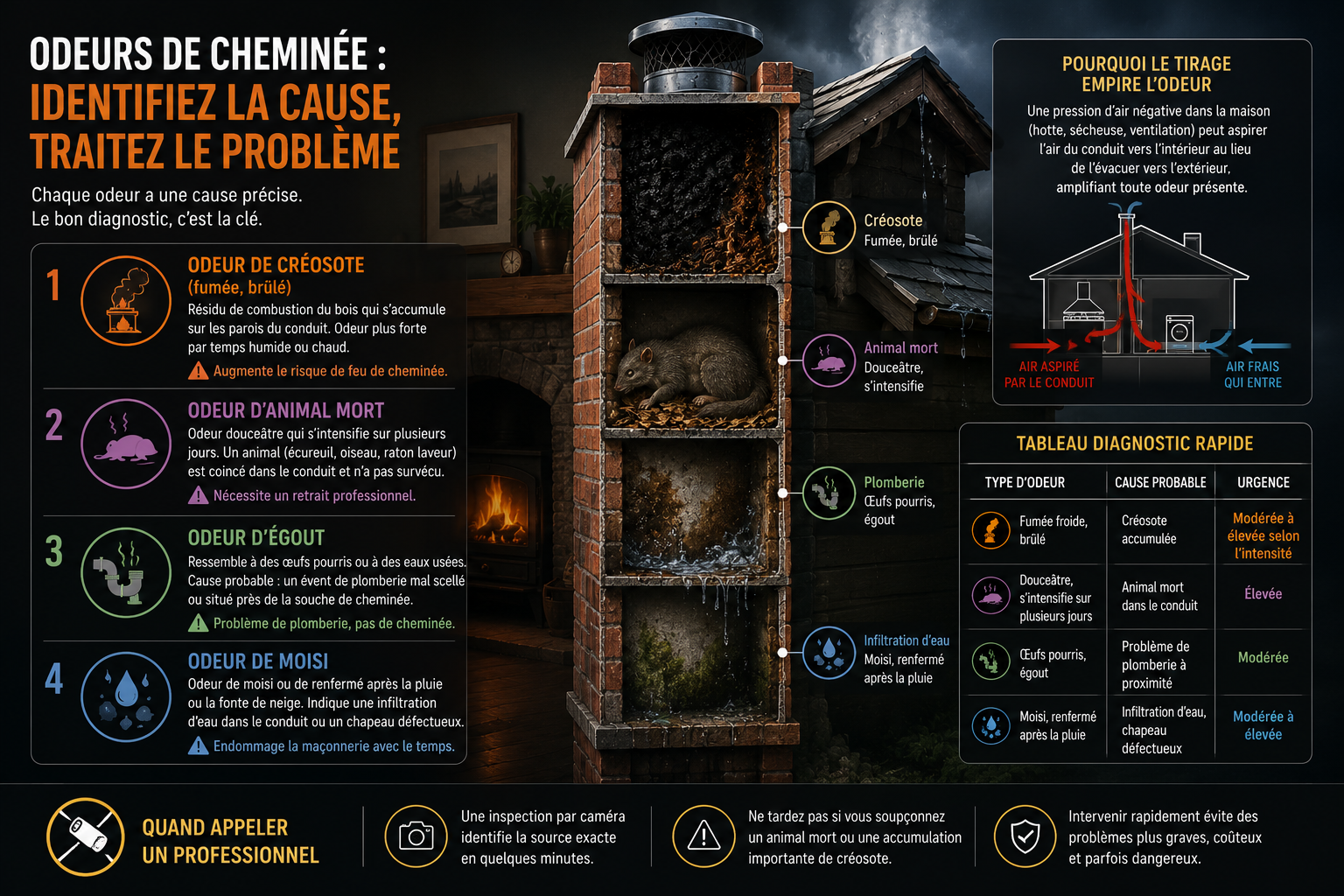 The 4 causes of chimney odor: creosote, dead animal, plumbing, and water intrusion